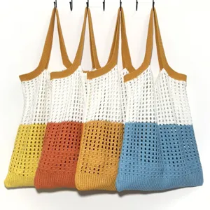 Koreanischer Stil Gestrickt Farbblock Hohl Ausgeschnitten Tote Bag Große Kapazität Offene Schulter Handtasche Lässige Mesh Strand Einkaufstasche Für Damen