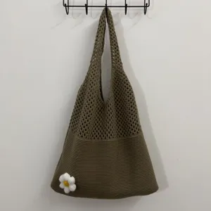 Schicke Strick Shopper Tasche für Damen, retro Umhängetasche mit süßer Blume, casual Handtasche.