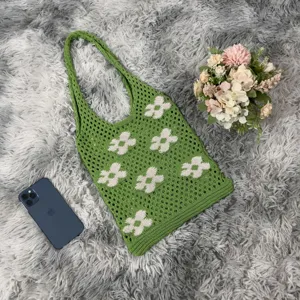 Green crochet flower tote bag, knitted shoulder bag for women, casual hollow out knit handbag.
