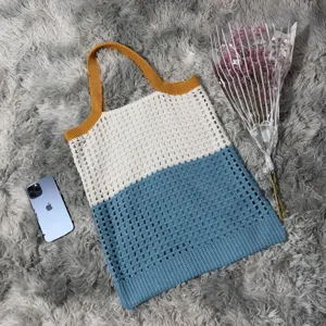 Gestrickte Häkelnetz-Tragetasche stilvolle Colorblock lässige Handtasche für Damen Strand