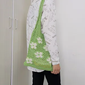 Green crochet knit floral tote bag for women, stylish hollow out casual single shoulder bag.