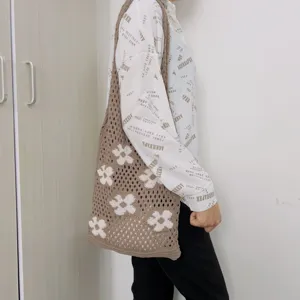 Knit tote bag for women, brown crochet shoulder bag with white floral pattern, casual knit bag.