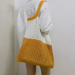 Koreanischer gestrickter Netz-Shopper, gelb-weiße Farbkombination Damen Schultertasche.