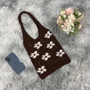 Crochet knit flower tote bag for women, stylish brown hollow-out casual shoulder bag.