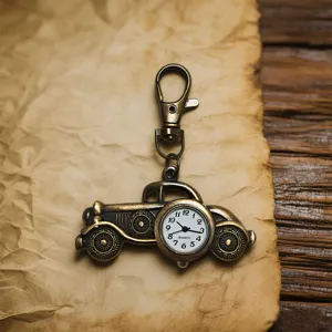 Vintage Bronze Auto Taschenuhr Schlüsselanhänger Detail, Retro Fahrzeug Form Geschenk Uhr.