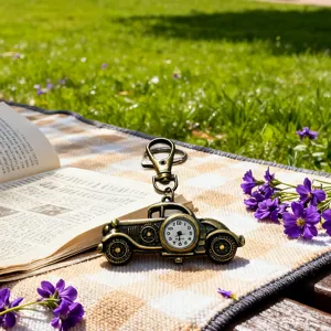 Detailansicht des Taschenuhr-Schluesselhaengers im Retro-Auto-Design aus Bronze-Metall.