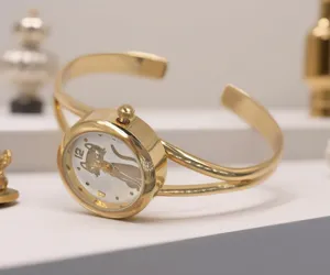 Montre jonc à quartz dorée en métal avec cadran chat mignon et bracelet minimaliste.