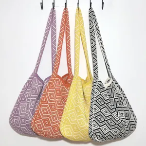 Geometrische Gestrickte Tragetasche Für Damen Polyester Gewebte Schultertasche Rautenmuster Lässige Offene Tägliche Einkaufshandtasche