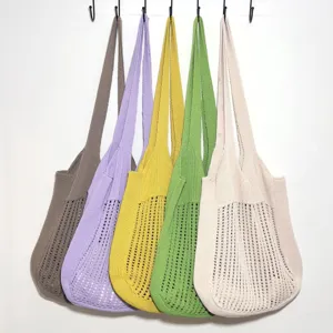 Damen Strick Tote Bag Hohl Netz Umhängetasche Einfarbig Polyester Gewebte Handtasche Lässige Strand Urlaub Einkaufstasche