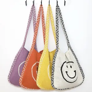 Damen Strick Tote Bag Mit Lächeln Muster Geometrisch Gewebte Umhängetasche Lässige Polyester Handtasche Kapazität Crossbody Bag