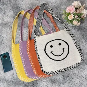 Gestrickte Smiley-Gesicht-Tragetasche lässige Umhängetasche bunte gestreifte Gurt Alltagstasche