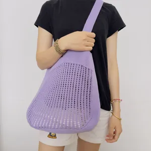 Lässige violette Strick-Netz-Umhängetasche für Damen, hohle Schultertasche, modischer Shopper.