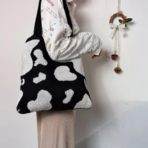 Sac cabas en tricot motif vache noir et blanc, sac à épaule rétro décontracté pour femme.