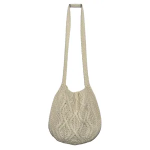 Beige Strick Umhängetasche, lässige Zopfmuster Crossover Tasche für den täglichen Stil.