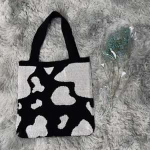 Sac fourre-tout tricot motif vache noir blanc sac bandouliere decontracte grande capacite