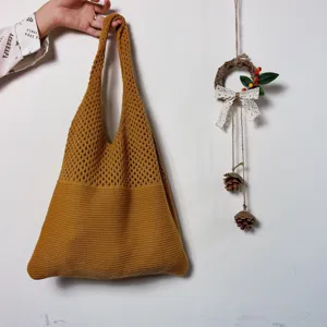 Senfgelbe gehäkelte Strick-Tasche, vintage Schultertasche Beutel für Damen und Alltag.