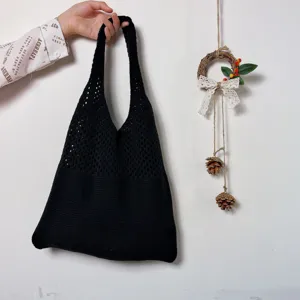 Schwarze Strick Schultertasche lässige große Tote Tasche Retro Damen Handtasche Alltag.