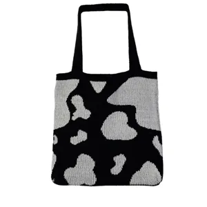 Sac cabas tricoté à motif de vaches noir et blanc sac bandoulière décontracté mode