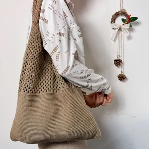 Khakifarbene gehäkelte Schultertasche, Vintage große lässige Tasche für den täglichen Alltag.