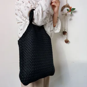 Schwarze gestrickte Tote Bag für Damen, Vintage lässige Shopper Tasche mit großem Fassungsvermögen.