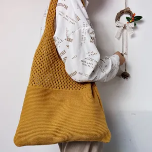 Elegante gelbe Strick Schultertasche, große Häkel-Tasche Shopper für Damen Alltag.