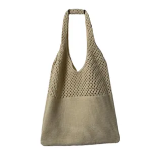 Beige gestrickte Damen-Tragetasche, lässige Mesh-Schultertasche mit großem Fassungsvermögen.