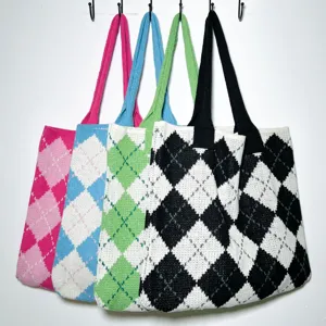 Argyle knit tote bag detail, multi-color casual shoulder bag, large capacity vintage style.