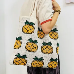 Knitted shoulder tote bag with cute pineapple pattern, casual large capacity vintage handbag.