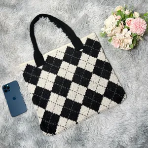 Black and white argyle knit tote bag, stylish shoulder bag with large capacity for daily use.
