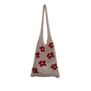 Beige crochet tote bag with red floral pattern, knit shoulder bag for daily casual fashion use.