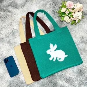 Gebreide shopper tas met schattig konijnenpatroon, casual schoudertas voor dames dagelijks gebruik.