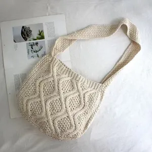 Gepflegte Damen Strick Umhängetasche, beige Häkelmuster Beuteltasche, lässige Handtasche.