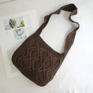 Braune Vintage Zopfmuster Strick Umhängetasche lässige einfarbige Damen Tote Tasche