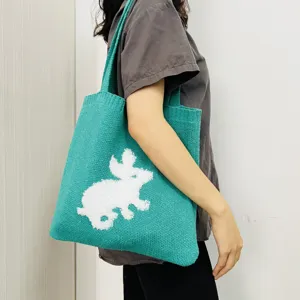 Nieuwe Gebreide Tote Bag voor Dames Vintage Konijnenpatroon Gehaakte Schoudertas Casual Geweven Handtas Herbruikbare Tas