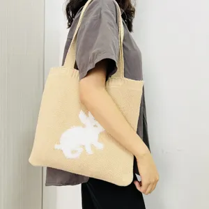 Gebreide Shopper Tas met Schattig Wit Konijn Patroon Casual Schoudertas Beige Handtas