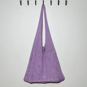 Lila gestrickte Umhängetasche lässige ausgehöhlte Tote Bag minimalistische Handtasche