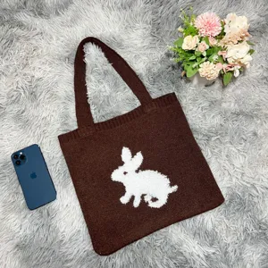 Bruine gebreide tas voor dames met schattig wit konijn patroon casual dagelijkse schoudertas