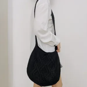 Schwarze Strick Schultertasche für Damen, retro Zopfmuster Crossbody Tote Tasche Beutel.