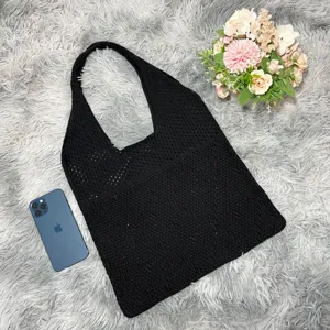 Schwarze Strick Tote Tasche lässige Umhängetasche minimalistische Handtasche für Damen neu