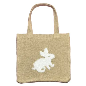 Gebreide shopper voor dames met schattig wit konijnenpatroon, casual kaki schoudertas