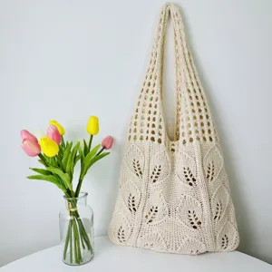 Gestrickte Hohl Blatt Muster Tote Bag Für Damen Casual Japanischen Stil Schultertasche Weiche Häkeln Shopping Strandtasche