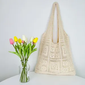 Damen Hohl Geschnitten Gestrickte Tragetasche Japanischer Stil Gewebte Strandtasche Einfarbig Umhängetasche Für Sommerurlaub Shoppen Alltag