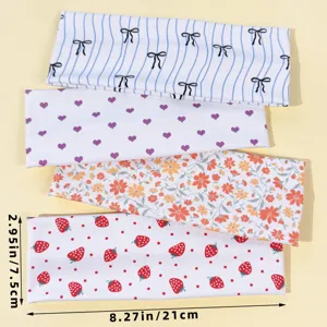 Set of 4 cute printed elastic headbands, breathable cotton fabric for yoga, sports, and daily use.