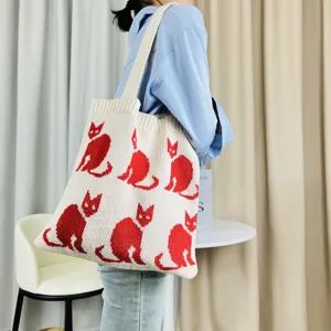 Modische Strick Tasche für Damen mit rotem Katzenmuster, bequeme Umhängetasche Alltag.