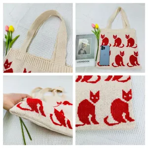 Koreanische Strick-Tragetasche mit rotem Katzenmuster, lässige Schultertasche für Damen.
