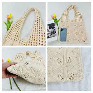 Beige Strick-Hohltasche, Detailansicht zeigt filigranes Blattmuster-Gewebe und praktischen Griff.