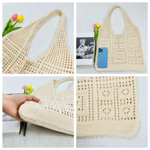 Beiger Strick Shopper Häkel Strandtasche Lochmuster lässige Umhängetasche Detailansicht.