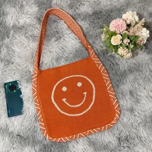 Gestrickte Tragetasche Orange Smiley Gesicht Laessige Umhaengetasche Damen Handtasche Alltag