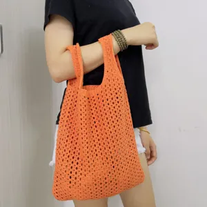 Oranger Häkel Strick Shopper, lässige ausgehöhlte Mesh Handtasche für den täglichen Gebrauch.