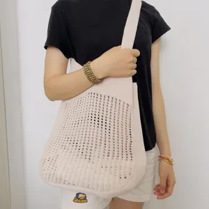 Beigefarbene gestrickte hohle Netztasche lässige Damen Umhängetasche modische Beuteltasche